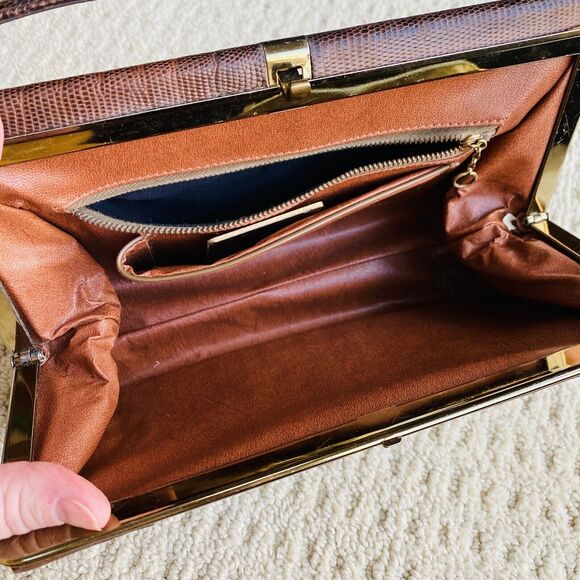 VTG Lizard Snake Alligator Skin Purse Caramel Brown Textured Leather Pocketbook - Picture 8 of 15